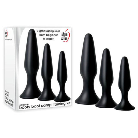 Adam & Eve Silicone Booty Boot Camp Training Kit - Black Butt Plugs - Set of 3 Sizes - ANAL TOYS