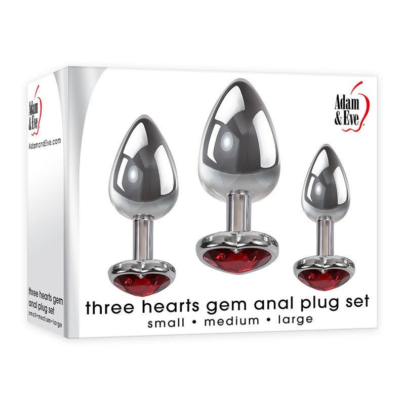 Adam & Eve Three Hearts Gem Anal Plug Set - Metallic Butt Plugs with Gem Bases - Set of 3 Sizes - ANAL TOYS