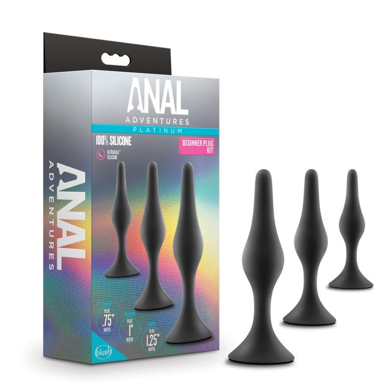 Anal Adventures Platinum Silicone Beginner Plug Kit - Black Butt Plug Kit - Set of 3 Sizes - Anal Toys