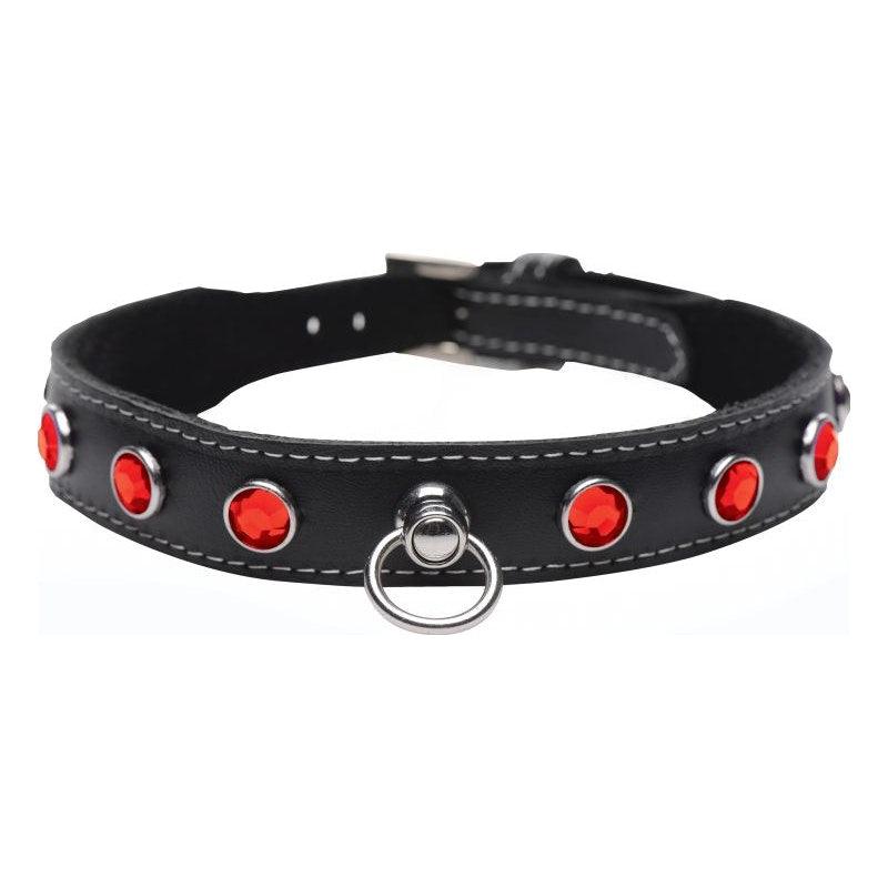 Bling Vixen Leather Choker w Red Rhinestones - Adult Toys