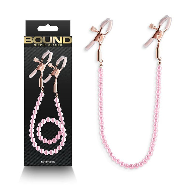 Bound Nipple Clamps - DC1 - Pink - Gold Nipple Clamps with Pink Pearl Chain - BONDAGE - TOYS