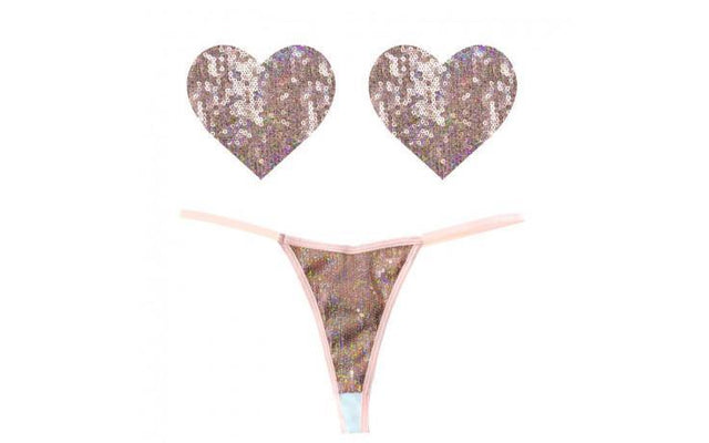 Bubbly Feels Nude Sequin Pantie and Heart Pastie Set - Naughty by Nature Adult Store