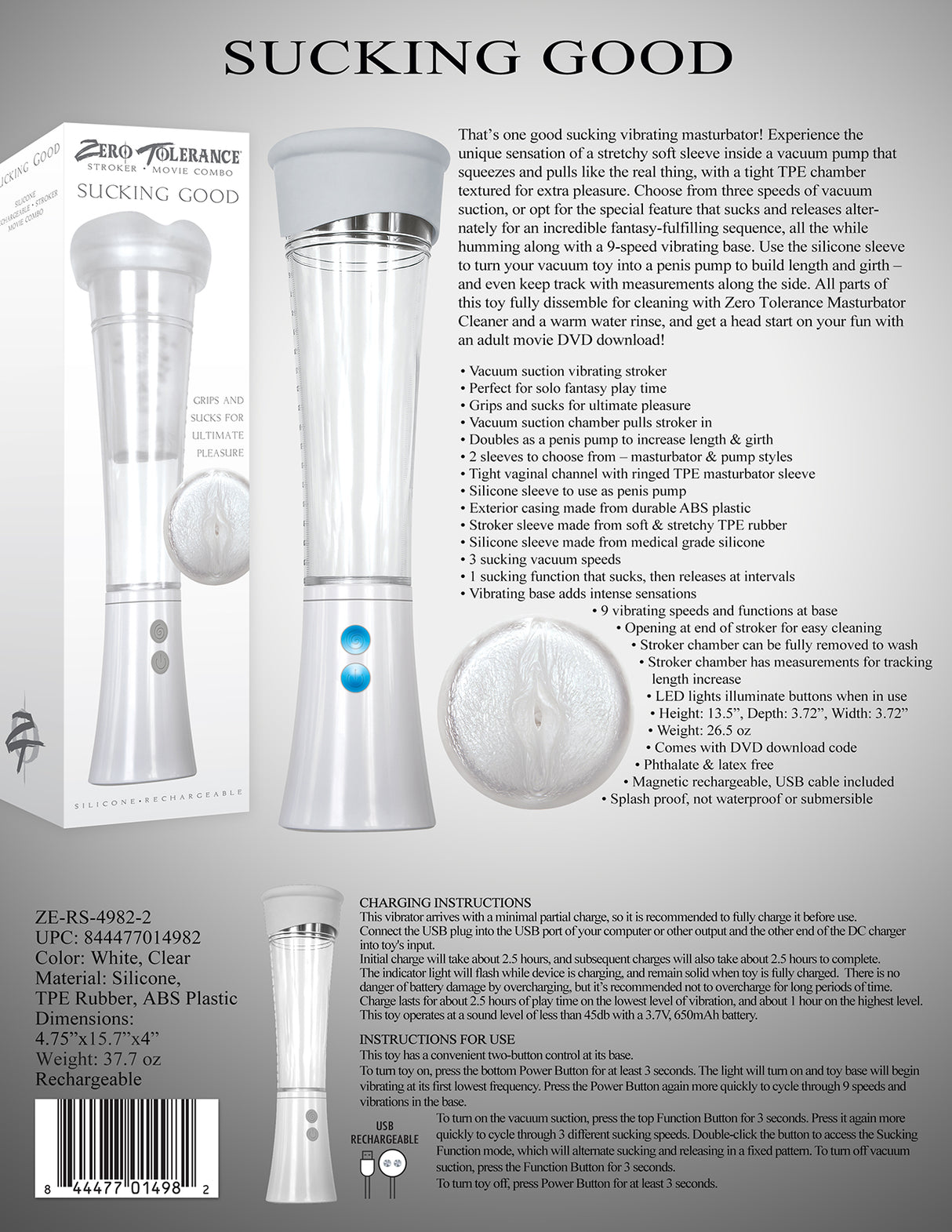 Zero Tolerance Sucking Good - White USB Rechargeable Vibrating Masturbator - Naughty by Nature Adult Store
