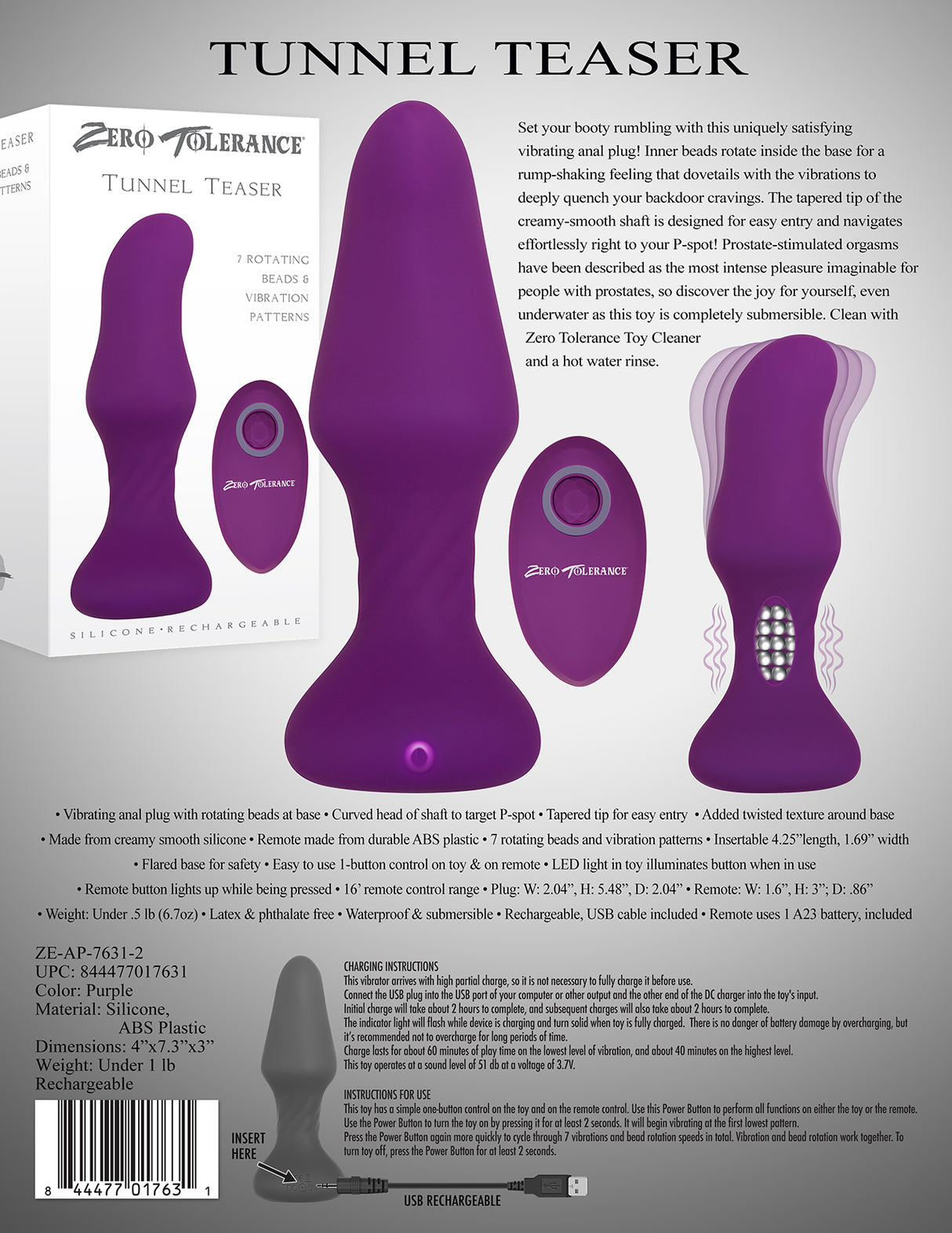 Zero Tolerance Tunnel Teaser - Purple 13.9 cm USB Rechargeable Butt Plug with Wireless Remote - Naughty by Nature Adult Store