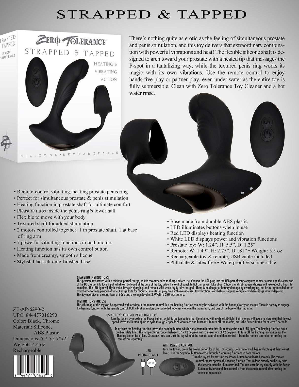 Zero Tolerance Strapped & Tapped - Black USB Rechargeable Heating Anal Plug with Cock Ring - Naughty by Nature Adult Store