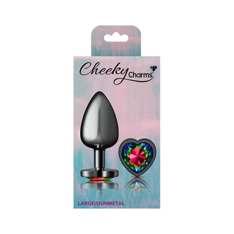 Cheeky Charms Gunmetal Butt Plug w Heart Rainbow Jewel Large - Adult Toys
