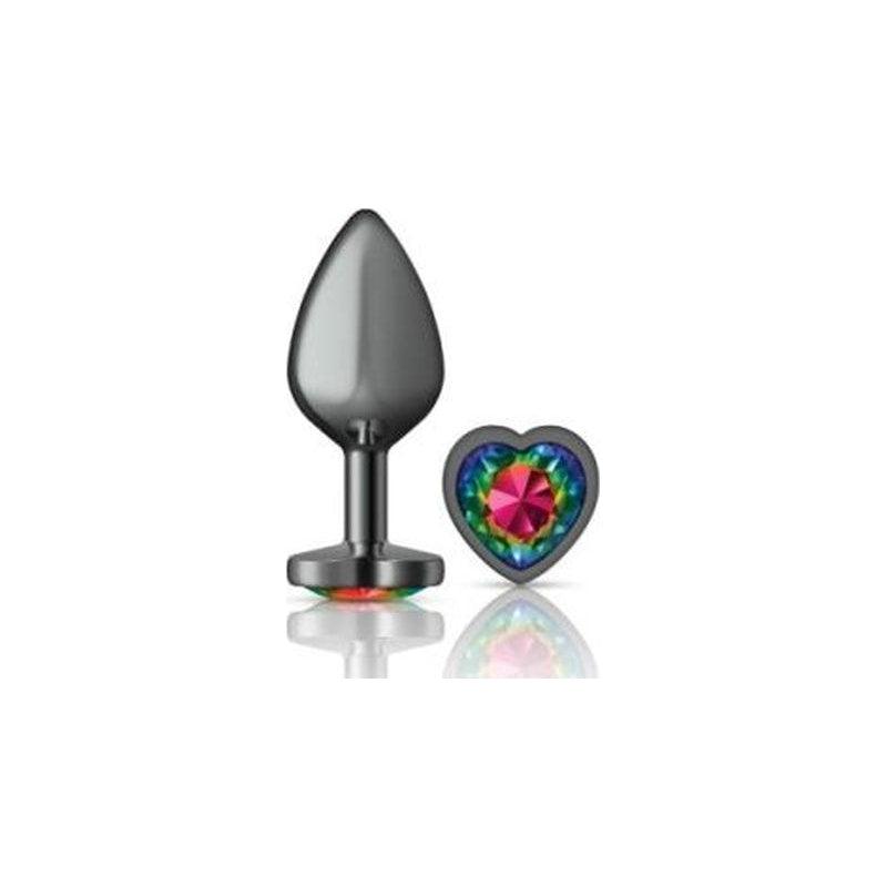 Cheeky Charms Gunmetal Butt Plug w Heart Rainbow Jewel Medium - Adult Toys