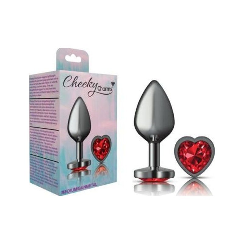 Cheeky Charms Gunmetal Butt Plug w Heart Red Jewel Medium - Adult Toys