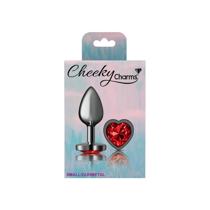Cheeky Charms Gunmetal Butt Plug w Heart Red Jewel Small - Adult Toys