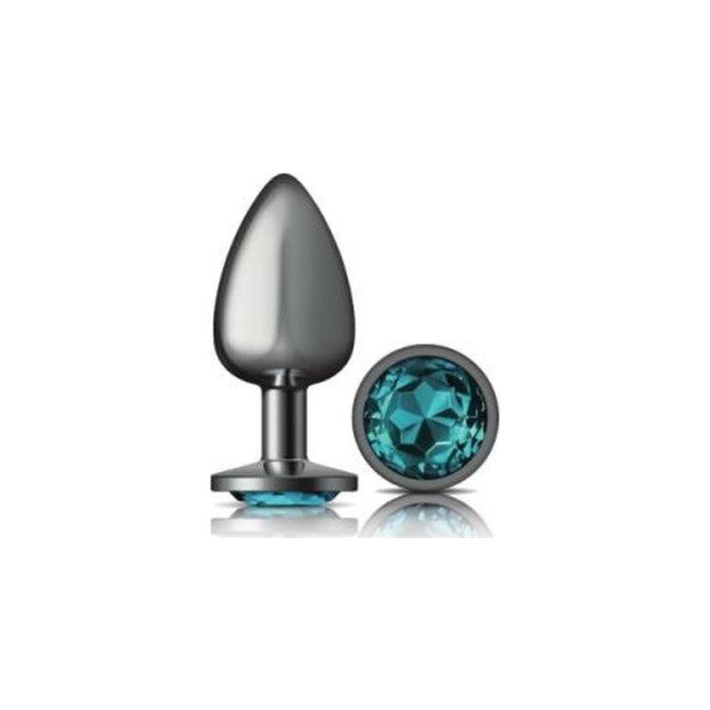 Cheeky Charms Gunmetal Round Butt Plug w Teal Jewel Large - Adult Toys