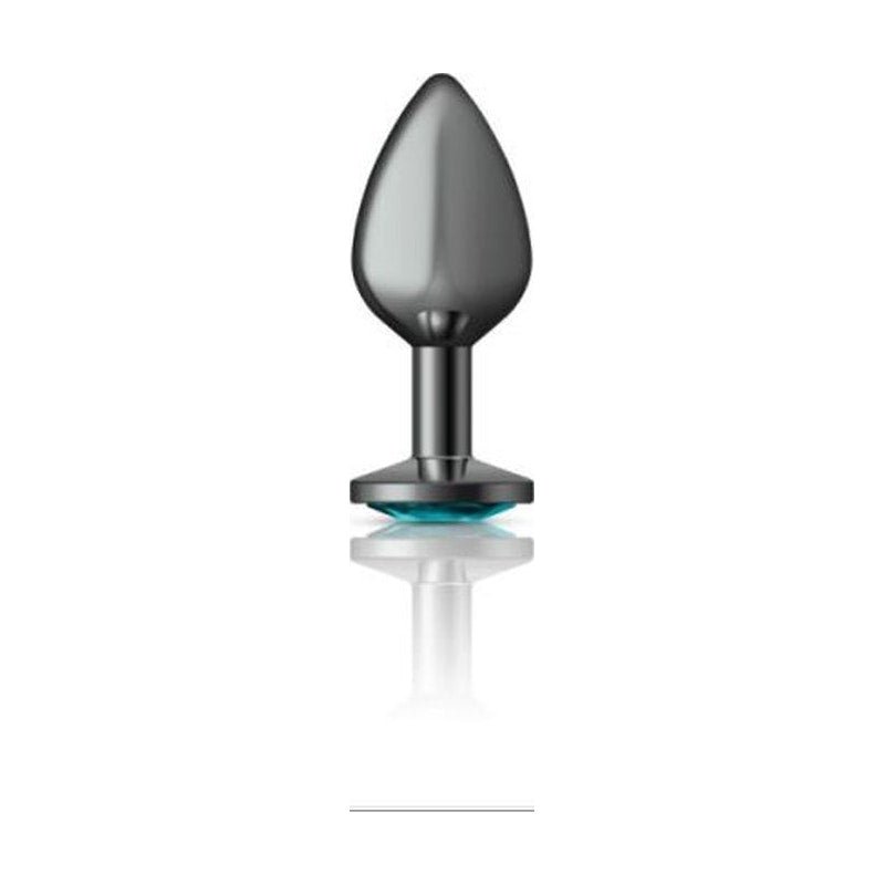 Cheeky Charms Gunmetal Round Butt Plug w Teal Jewel Medium - Adult Toys