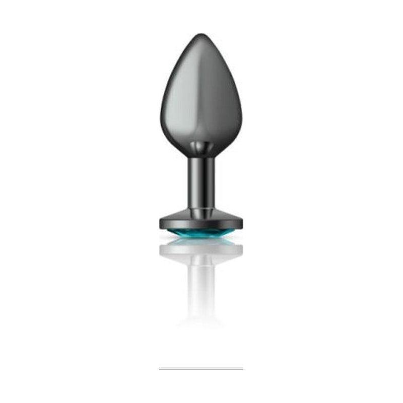 Cheeky Charms Gunmetal Round Butt Plug w Teal Jewel Medium - Adult Toys