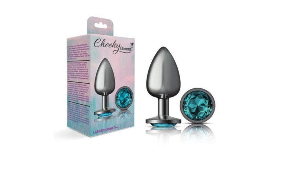 Cheeky Charms Gunmetal Round Butt Plug w Teal Jewel Small - Adult Toys