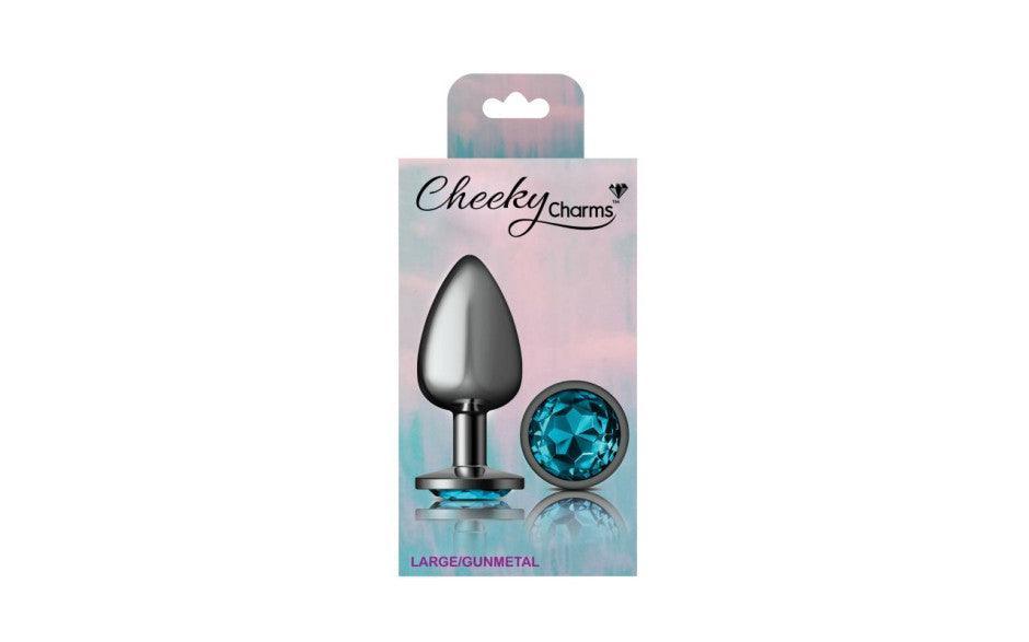 Cheeky Charms Gunmetal Round Butt Plug w Teal Jewel Small - Adult Toys
