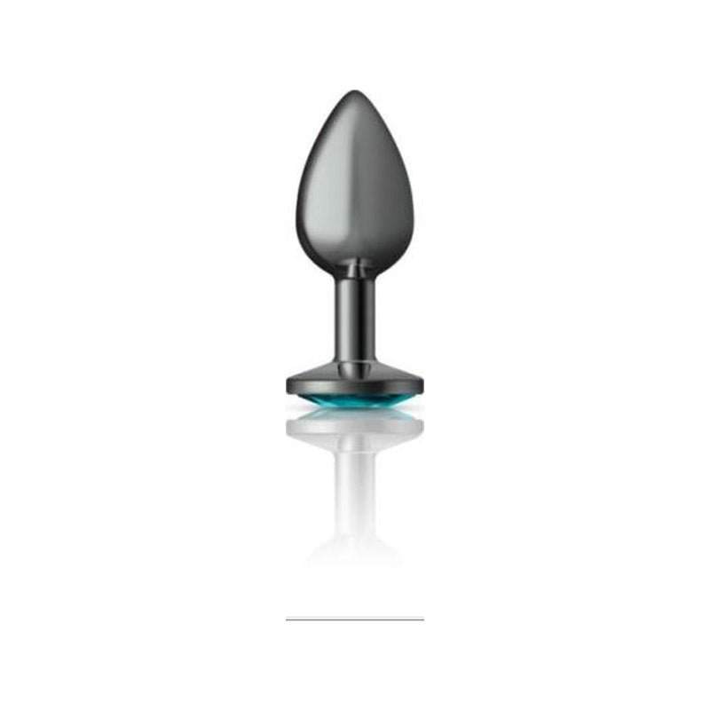 Cheeky Charms Gunmetal Round Butt Plug w Teal Jewel Small - Adult Toys