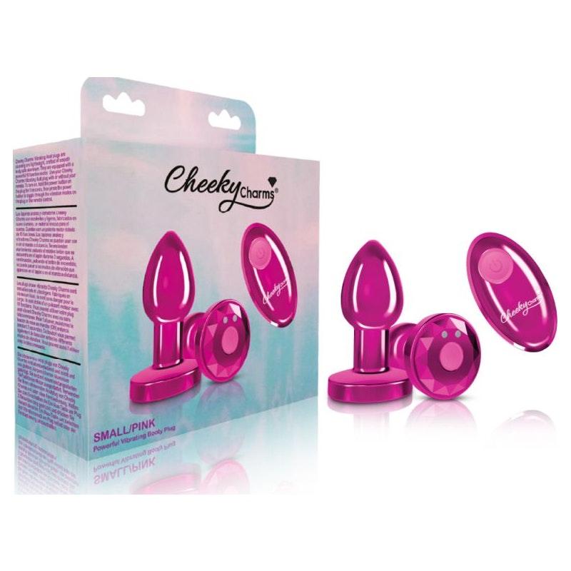 Cheeky Charms Pink Rechargeable Vibrating Metal Butt Plug w Remote Small - Adult Toys