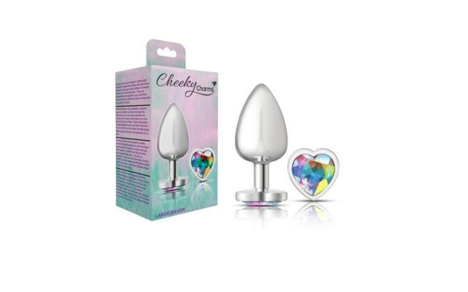 Cheeky Charms Silver Metal Butt Plug w Heart Clear Jewel Large - Adult Toys