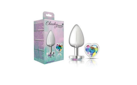 Cheeky Charms Silver Metal Butt Plug w Heart Clear Jewel Large - Adult Toys