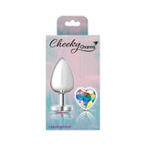 Cheeky Charms Silver Metal Butt Plug w Heart Clear Jewel Large - Adult Toys
