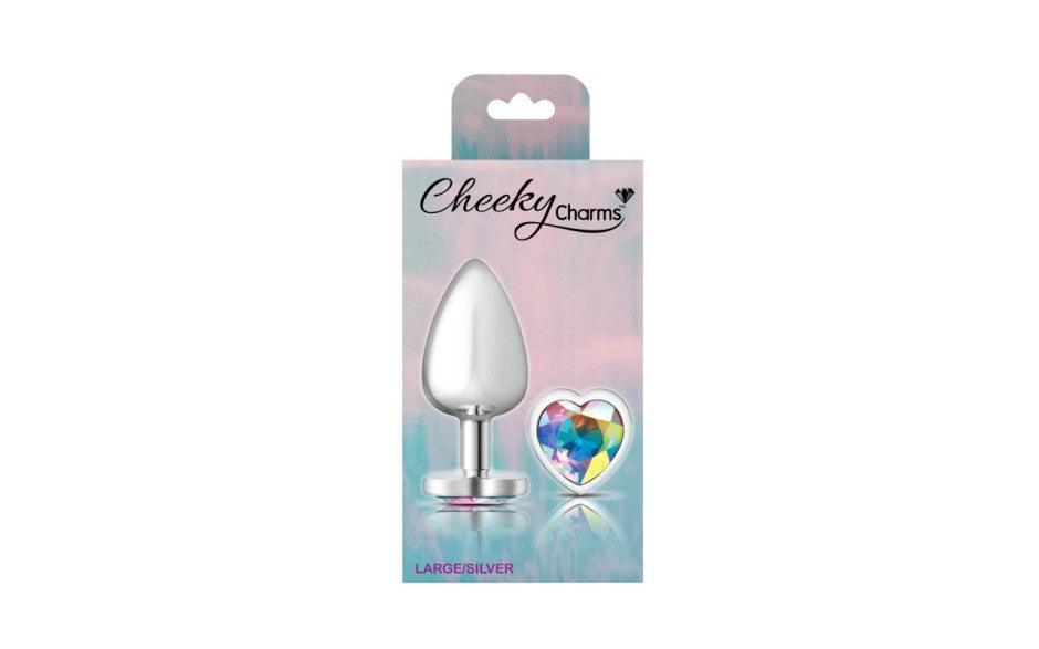 Cheeky Charms Silver Metal Butt Plug w Heart Clear Jewel Large - Adult Toys