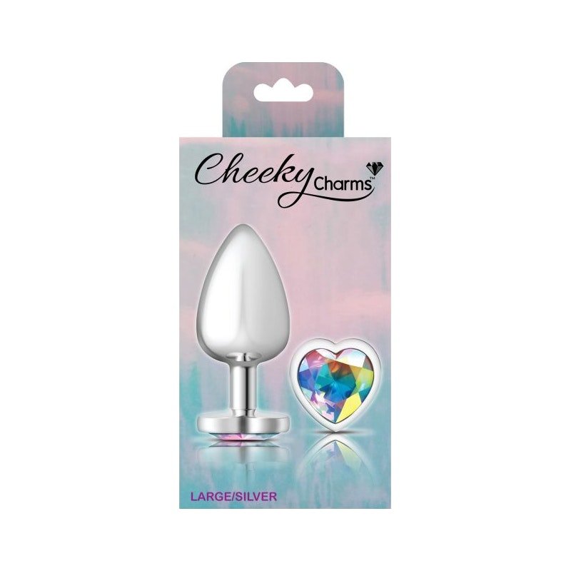 Cheeky Charms Silver Metal Butt Plug w Heart Clear Jewel Large - Adult Toys