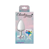 Cheeky Charms Silver Metal Butt Plug w Heart Clear Jewel Large - Adult Toys