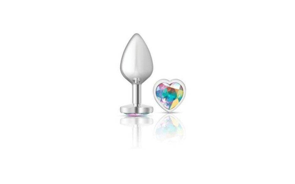Cheeky Charms Silver Metal Butt Plug w Heart Clear Jewel Medium - Adult Toys