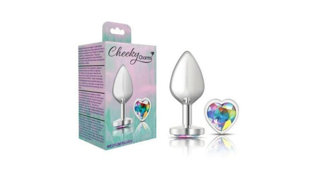 Cheeky Charms Silver Metal Butt Plug w Heart Clear Jewel Medium - Adult Toys