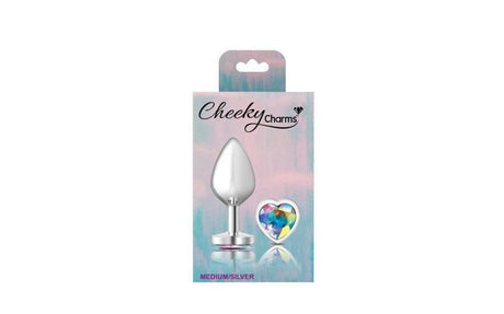 Cheeky Charms Silver Metal Butt Plug w Heart Clear Jewel Medium - Adult Toys