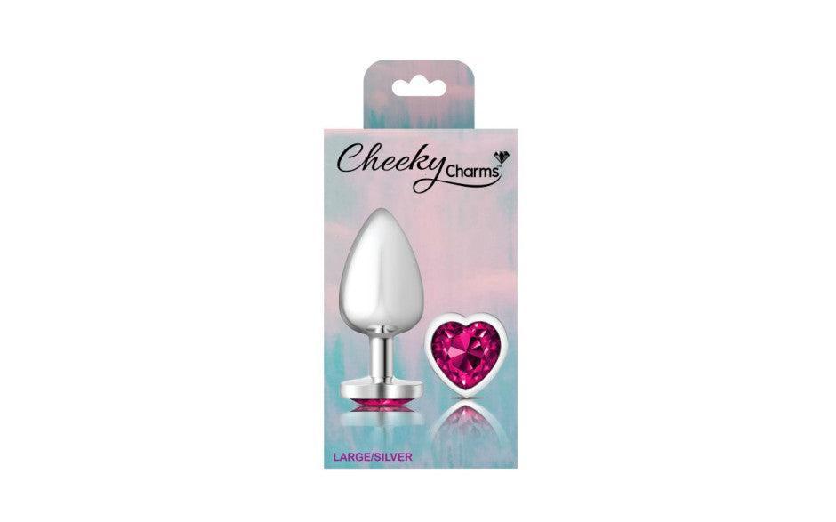 Cheeky Charms Silver Metal Butt Plug w Heart Pink Jewel Large - Adult Toys