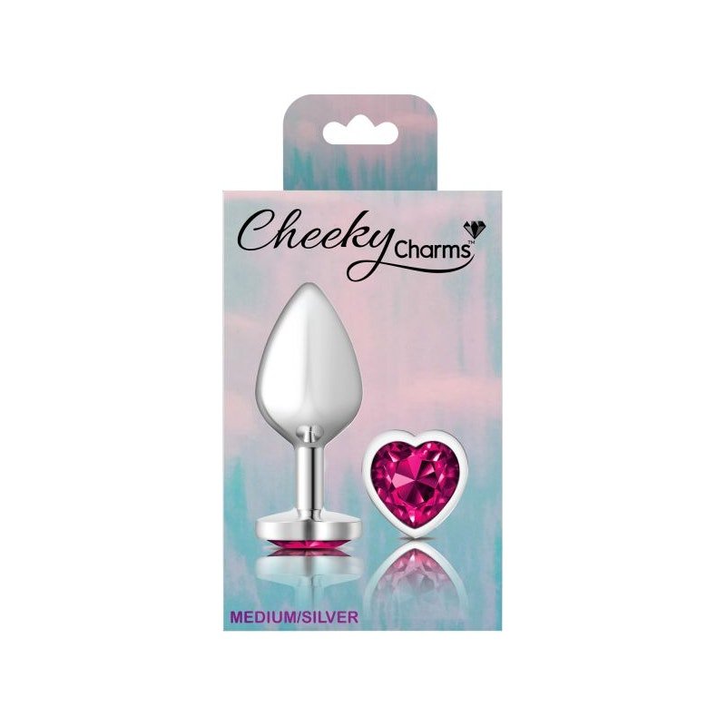 Cheeky Charms Silver Metal Butt Plug w Heart Pink Jewel Medium - Adult Toys