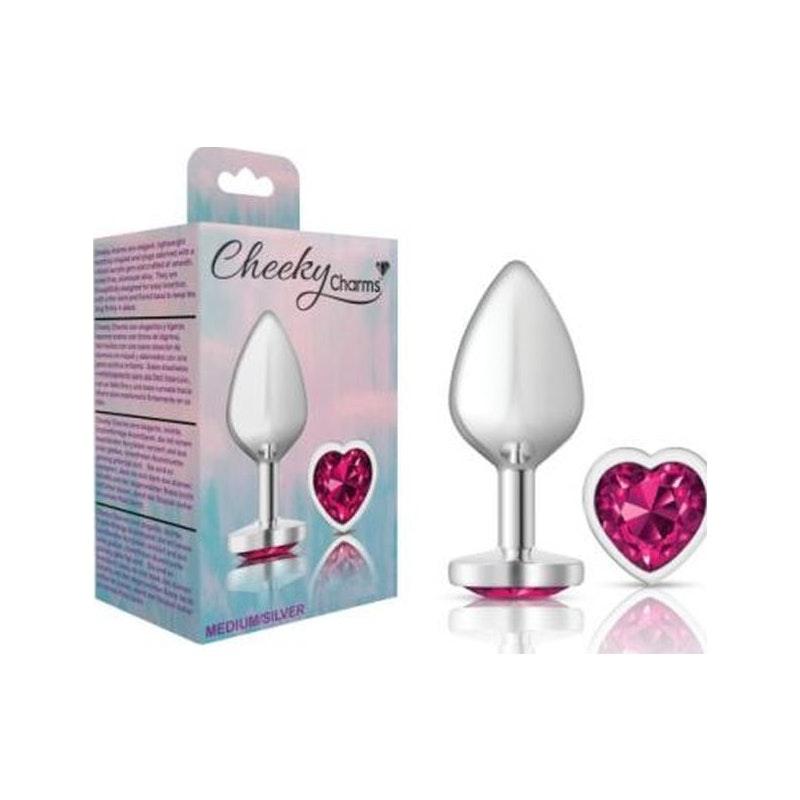 Cheeky Charms Silver Metal Butt Plug w Heart Pink Jewel Medium - Adult Toys