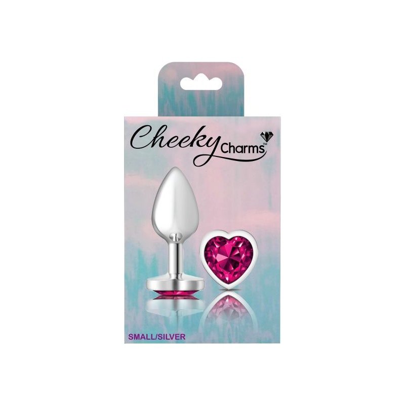 Cheeky Charms Silver Metal Butt Plug w Heart Pink Jewel Small - Adult Toys