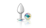 Cheeky Charms Silver Round Butt Plug w Clear Iridescent Jewel Large - Adult Toys