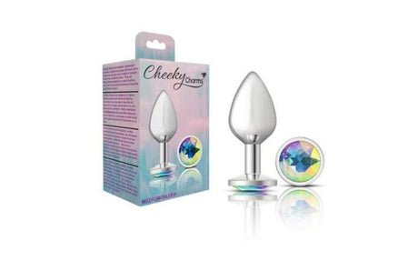Cheeky Charms Silver Round Butt Plug w Clear Iridescent Jewel Large - Adult Toys