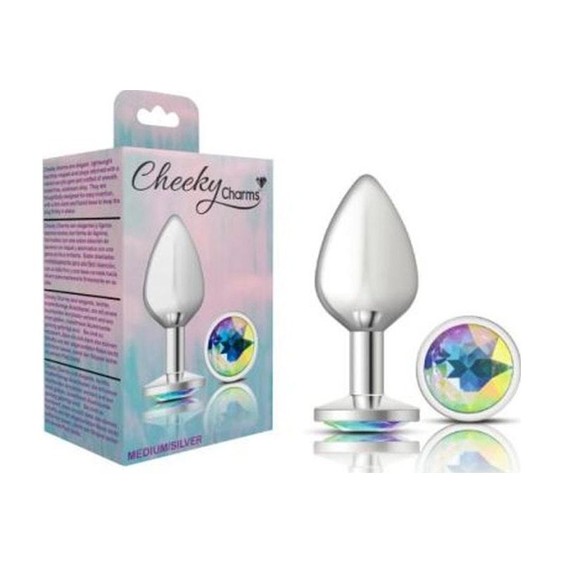 Cheeky Charms Silver Round Butt Plug w Clear Iridescent Jewel Large - Naughty by Nature Adult Store