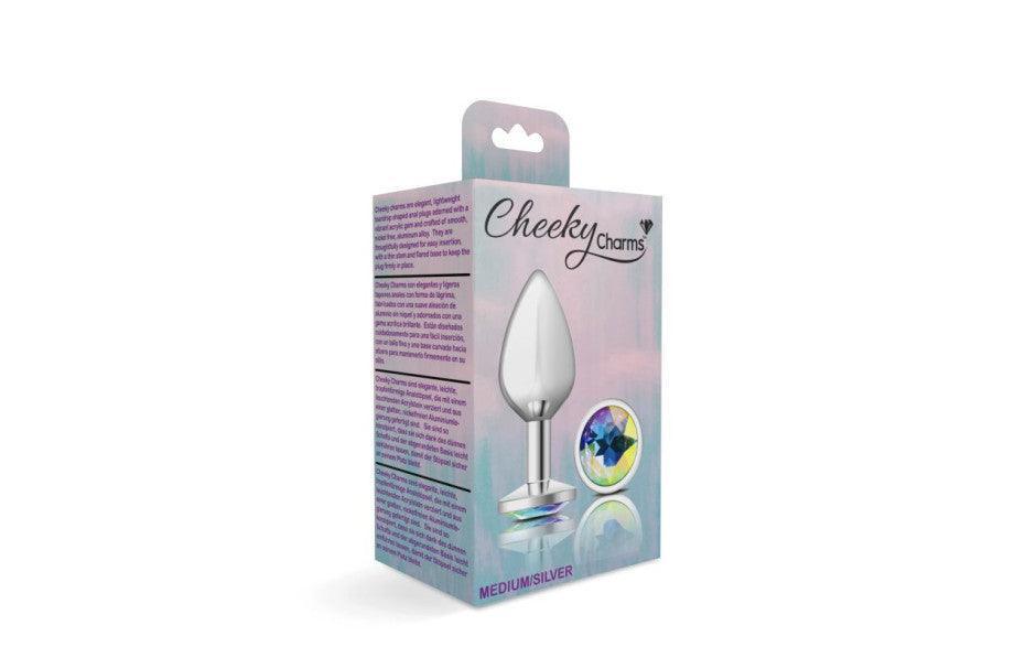 Cheeky Charms Silver Round Butt Plug w Clear Iridescent Jewel Large - Naughty by Nature Adult Store