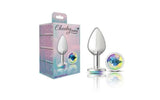 Cheeky Charms Silver Round Butt Plug w Clear Iridescent Jewel Medium - Adult Toys