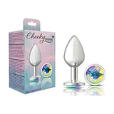 Cheeky Charms Silver Round Butt Plug w Clear Iridescent Jewel Medium - Adult Toys