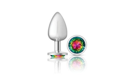 Cheeky Charms Silver Round Butt Plug w Rainbow Jewel Large - Adult Toys