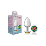 Cheeky Charms Silver Round Butt Plug w Rainbow Jewel Large - Adult Toys