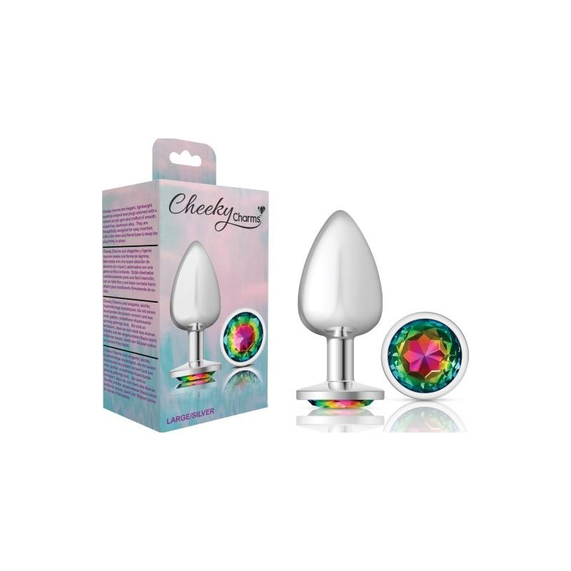 Cheeky Charms Silver Round Butt Plug w Rainbow Jewel Large - Adult Toys