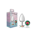 Cheeky Charms Silver Round Butt Plug w Rainbow Jewel Large - Adult Toys
