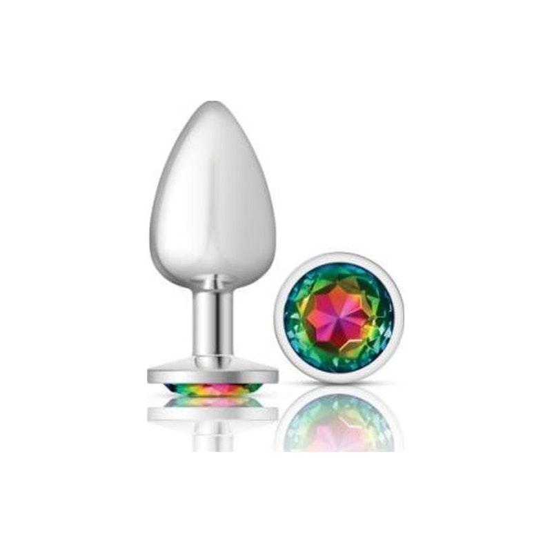 Cheeky Charms Silver Round Butt Plug w Rainbow Jewel Large - Adult Toys