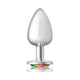 Cheeky Charms Silver Round Butt Plug w Rainbow Jewel Large - Adult Toys