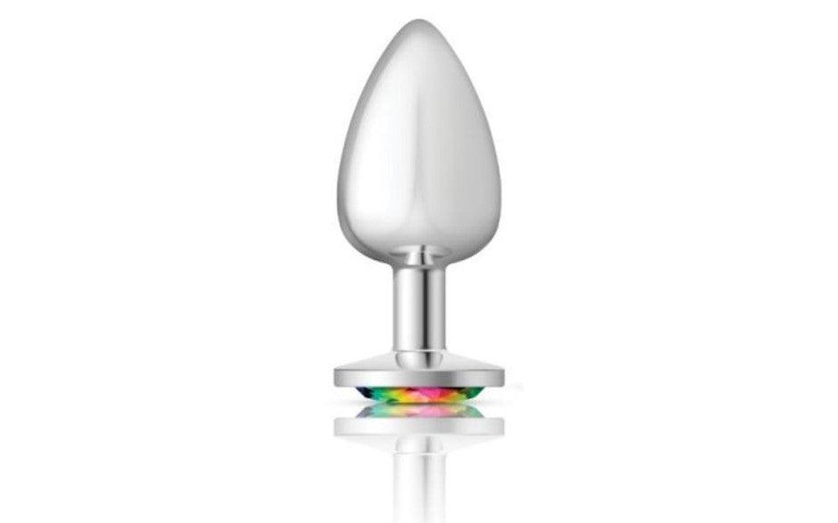 Cheeky Charms Silver Round Butt Plug w Rainbow Jewel Large - Adult Toys