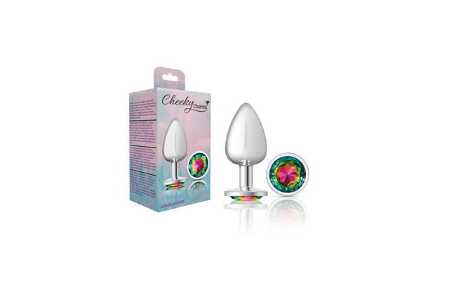 Cheeky Charms Silver Round Butt Plug w Rainbow Jewel Large - Adult Toys