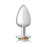 Cheeky Charms Silver Round Butt Plug w Rainbow Jewel Large - Adult Toys