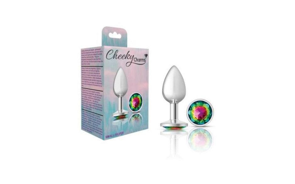 Cheeky Charms Silver Round Butt Plug w Rainbow Jewel Small - Adult Toys