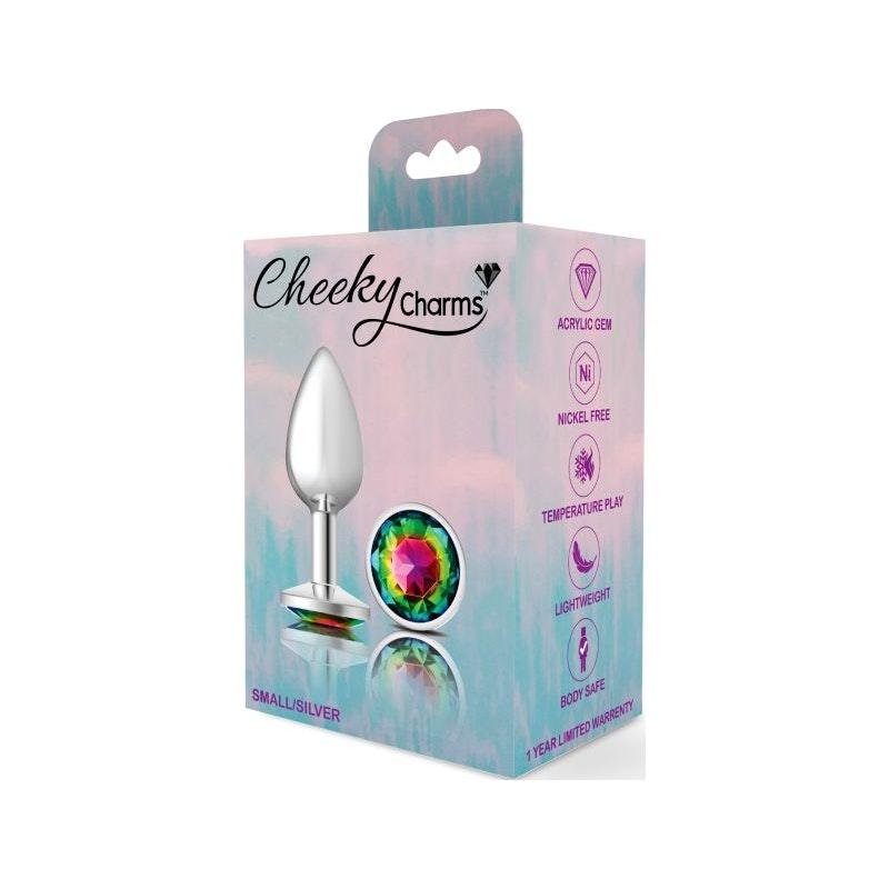 Cheeky Charms Silver Round Butt Plug w Rainbow Jewel Small - Adult Toys